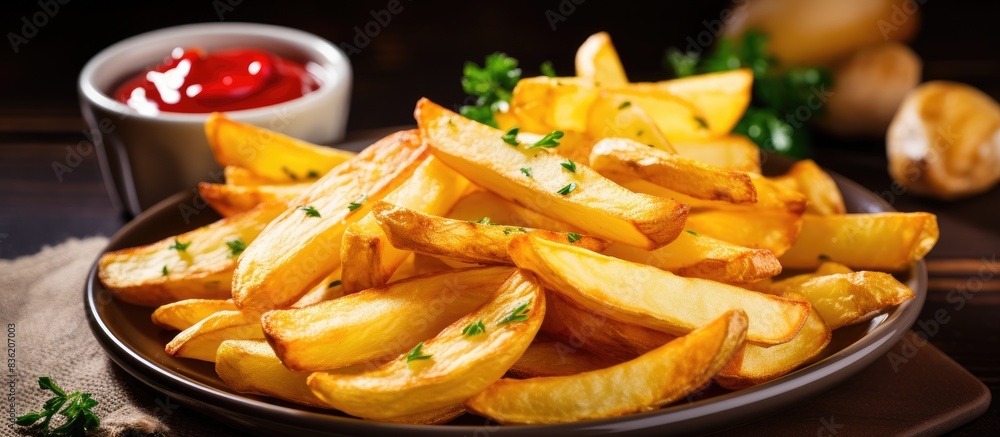 Top view of air fryer roast potatoes on a white plate with ketchup and mayo dip, with copy space image. Top view of air fryer roast potatoes on a white plate with ketchup and mayo dip, with copy space image.