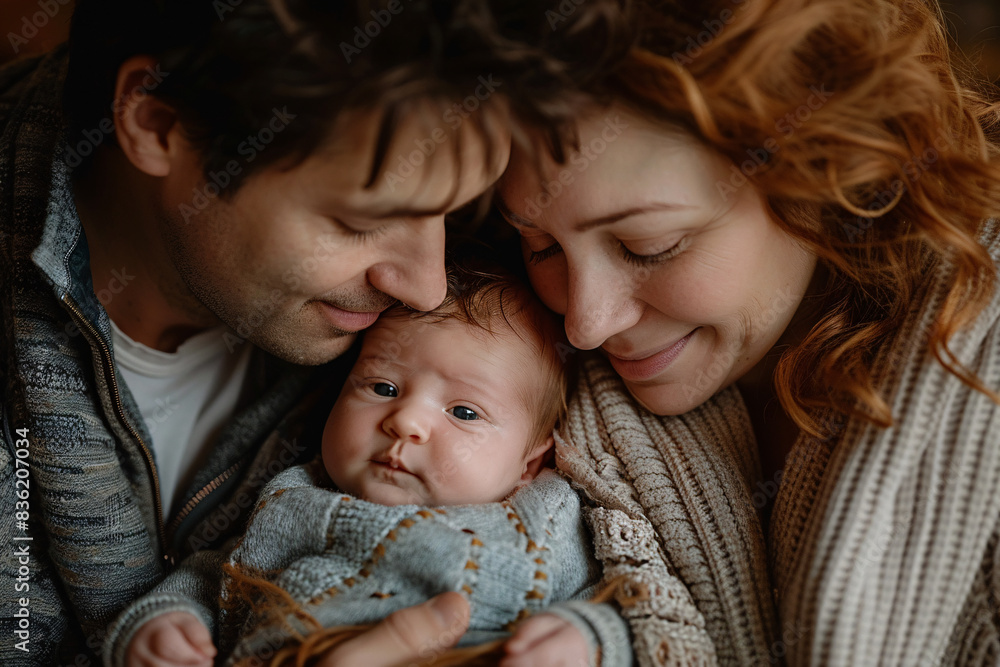 A happy mother and father holding and looking at their new born baby A happy mother and father holding and looking at their new born baby