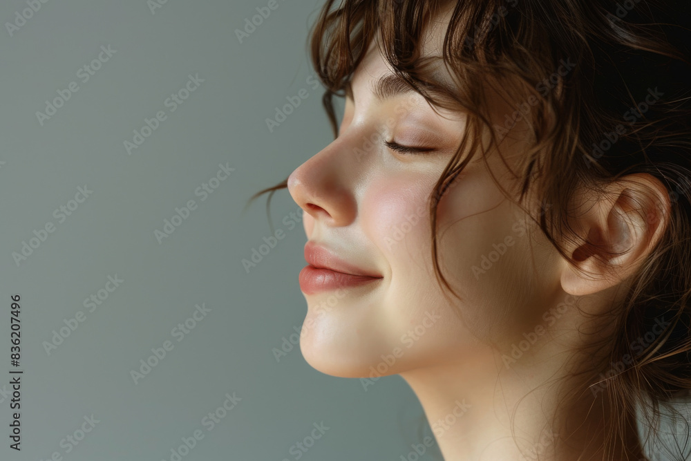 A close up of a woman's face with her eyes closed looking to a side A close up of a woman's face with her eyes closed looking to a side
