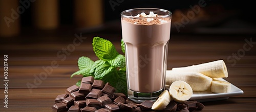 Glass filled with a delicious chocolate banana smoothie and straws, ideal for any copy space image. photo