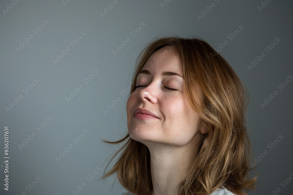 A close up of a woman's face with her eyes closed looking to a side A close up of a woman's face with her eyes closed looking to a side