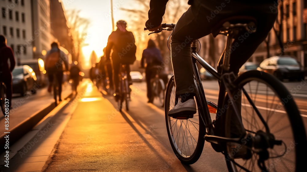 Fototapeta premium Group of cyclists riding on city street during sunset. Urban commuting and transportation concept. Design for poster, banner, header