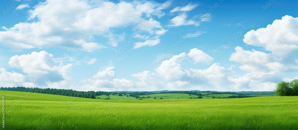Vibrant green meadow under a clear blue sky with no clouds, creating a serene landscape with ample copy space image. Vibrant green meadow under a clear blue sky with no clouds, creating a serene landscape with ample copy space image.