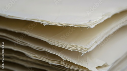 Tight shot of a stack of recycled paper sheets, focus on the layered edges, crisp, clear daylight. 