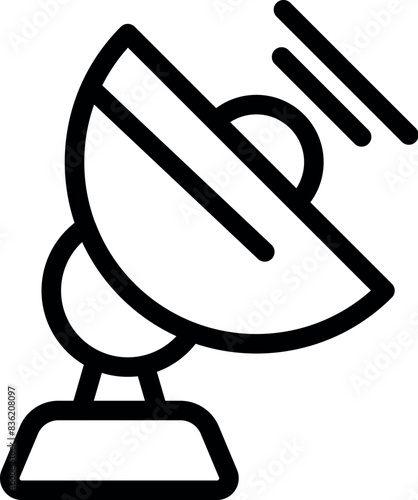 Black line art illustration of a satellite dish for communication and technology concepts