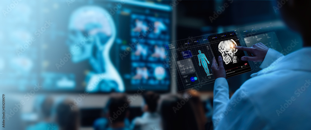 A group of medical professionals reviewing and analyzing detailed brain scans displayed on digital screens and tablets, highlighting advanced AI medical imaging technology.
