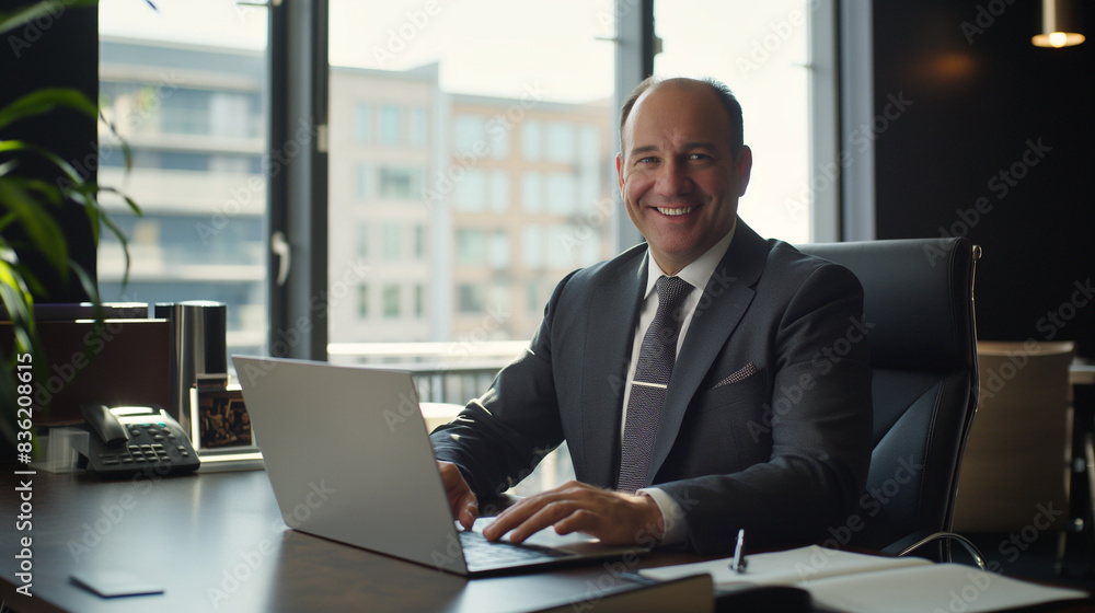 Smiling Middle-Aged Business Executive CEO or Lawyer in Suit Working on Laptop and Taking Notes at Modern Office Desk. Professional and Successful Corporate Leader in a Global Company Setting Smiling Middle-Aged Business Executive CEO or Lawyer in Suit Working on Laptop and Taking Notes at Modern Office Desk. Professional and Successful Corporate Leader in a Global Company Setting