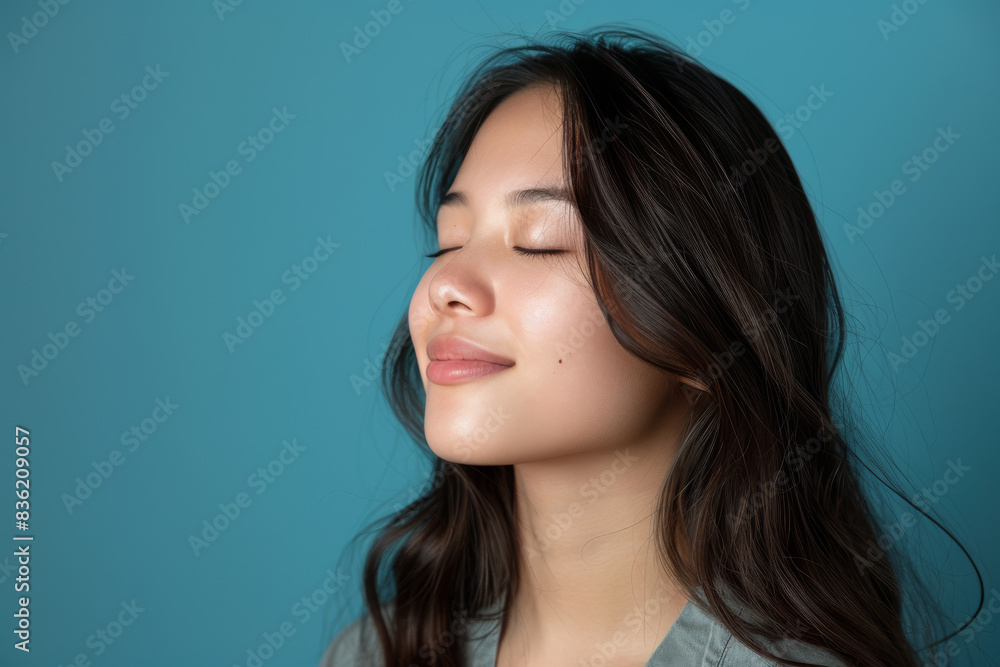 A close up of a woman's face with her eyes closed looking to a side A close up of a woman's face with her eyes closed looking to a side