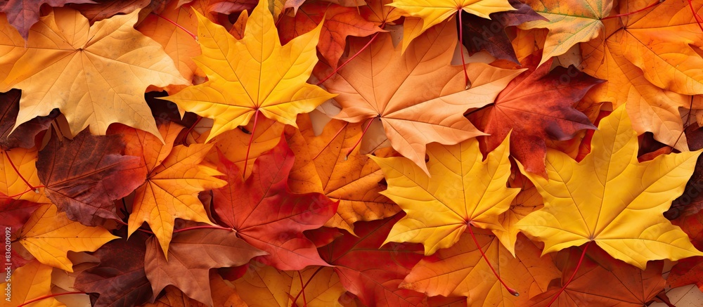 Background of autumn maple leaves in a variety of colors with space for adding images. Copy space image. Place for adding text and design Background of autumn maple leaves in a variety of colors with space for adding images. Copy space image. Place for adding text and design
