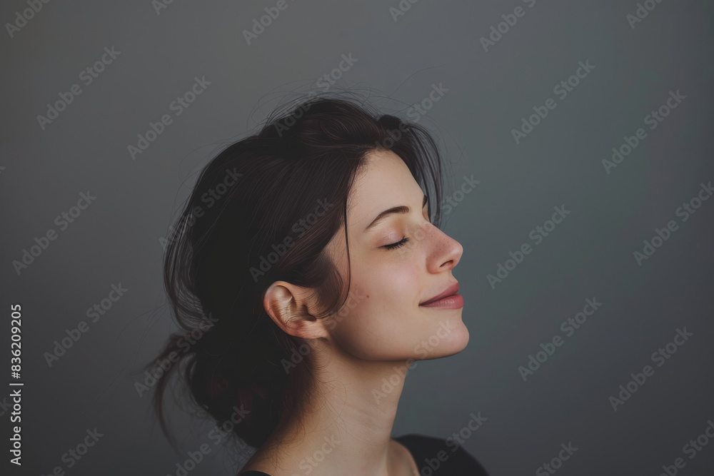 A close up of a woman's face with her eyes closed looking to a side A close up of a woman's face with her eyes closed looking to a side