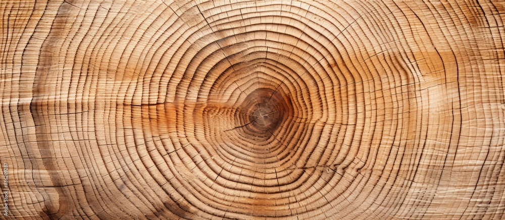 Fototapeta premium Slice of large tree trunk with rings, cracks on textured surface. Neutral brown hardwood background from forest with copy space image.