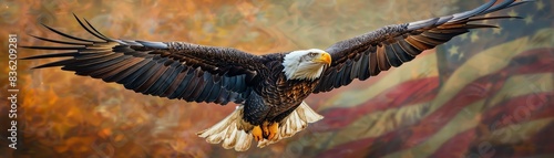 Majestic bald eagle soaring with wings spread wide against a background featuring the American flag, symbolizing freedom and power.