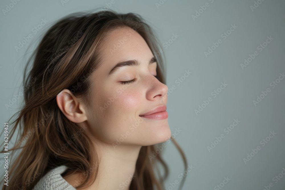 A close up of a woman's face with her eyes closed looking to a side A close up of a woman's face with her eyes closed looking to a side