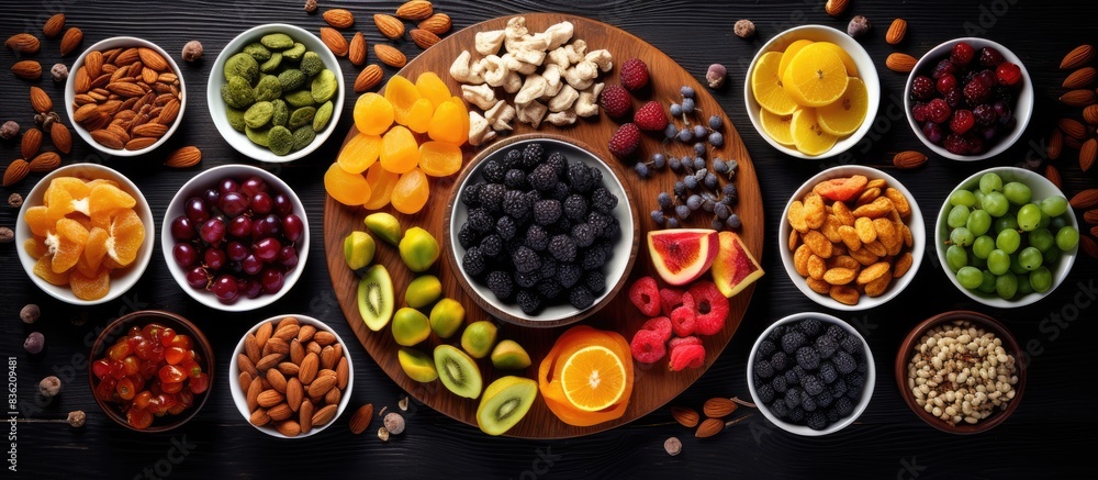 Assorted nuts and dried fruits in a bowl on a table with a background perfect for a copy space image, including almonds, pineapples, cranberries, cherries, apricots, and cashews. Assorted nuts and dried fruits in a bowl on a table with a background perfect for a copy space image, including almonds, pineapples, cranberries, cherries, apricots, and cashews.