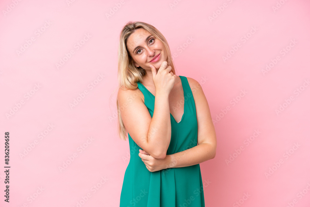 Young caucasian woman isolated on pink background happy and smiling Young caucasian woman isolated on pink background happy and smiling