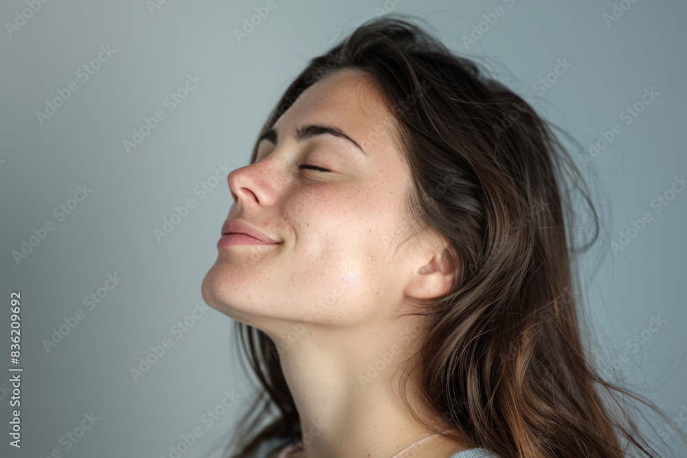 A close up of a woman's face with her eyes closed looking to a side A close up of a woman's face with her eyes closed looking to a side