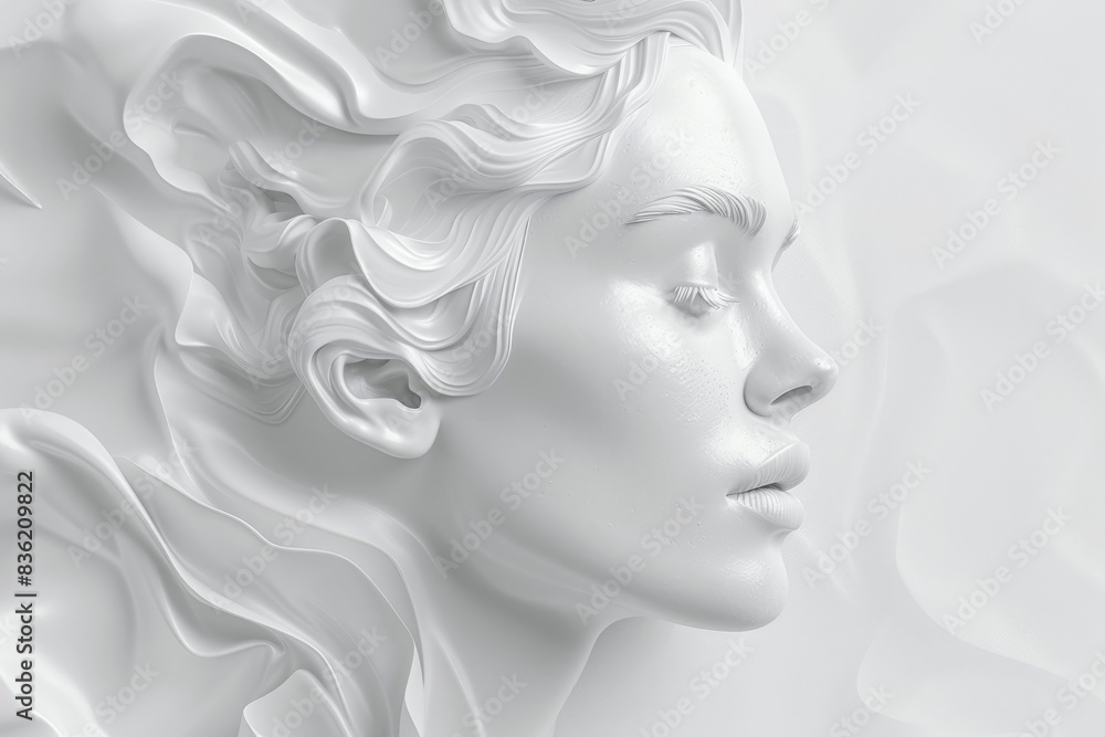 Elegant of a serene facial sculpture in pure white, highlighting intricate details and texture in an artistic manner. Elegant of a serene facial sculpture in pure white, highlighting intricate details and texture in an artistic manner.