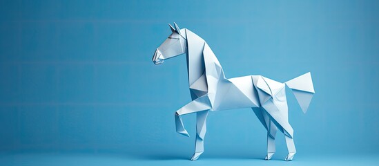 Blue origami horse symbol on white backdrop with copy space image.