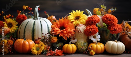 Table adorned with a stunning autumn bouquet arranged inside a pumpkin  with ample copy space image available.