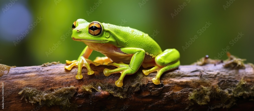 An Australian green tree frog perched on a tree branch, with ample copy space image available for use.