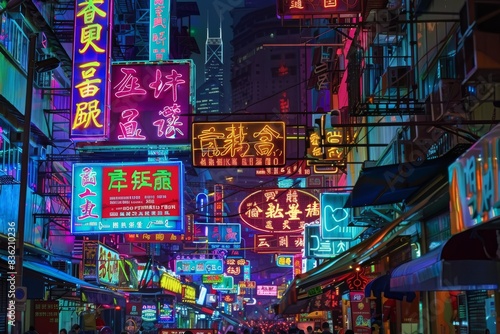 A Symphony of Neon Lights Illuminates Hong Kongs Bustling Night Market
