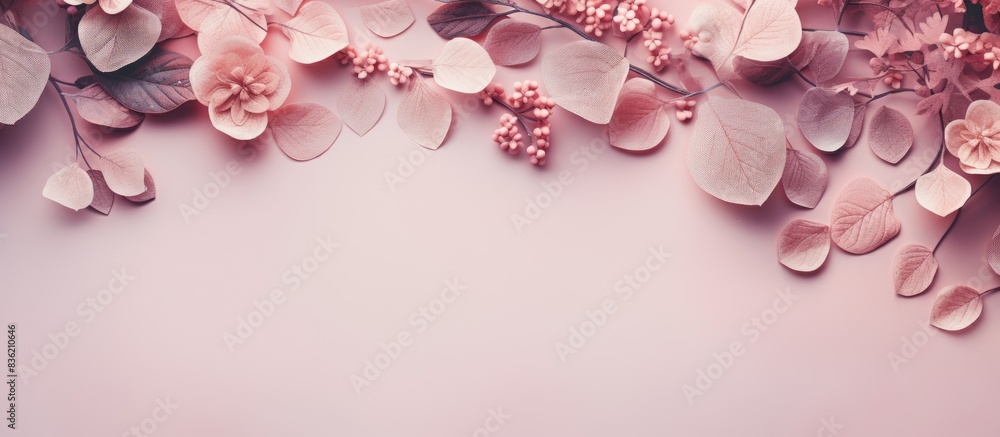 Autumn-themed arrangement featuring dried leaves, flowers, and rowan berries on a pink background. Depicting autumn, fall, and Thanksgiving themes with flat lay style, top view, and copy space image. Autumn-themed arrangement featuring dried leaves, flowers, and rowan berries on a pink background. Depicting autumn, fall, and Thanksgiving themes with flat lay style, top view, and copy space image.