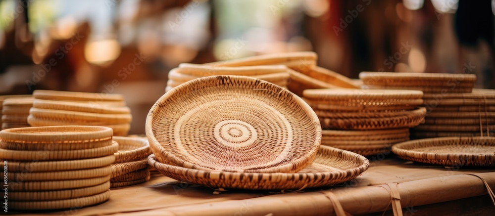 Handmade eco-friendly handicrafts like wicker baskets, bamboo plates, and rattan sheets emphasize sustainability, perfect for showcasing with a copy space image. Handmade eco-friendly handicrafts like wicker baskets, bamboo plates, and rattan sheets emphasize sustainability, perfect for showcasing with a copy space image.