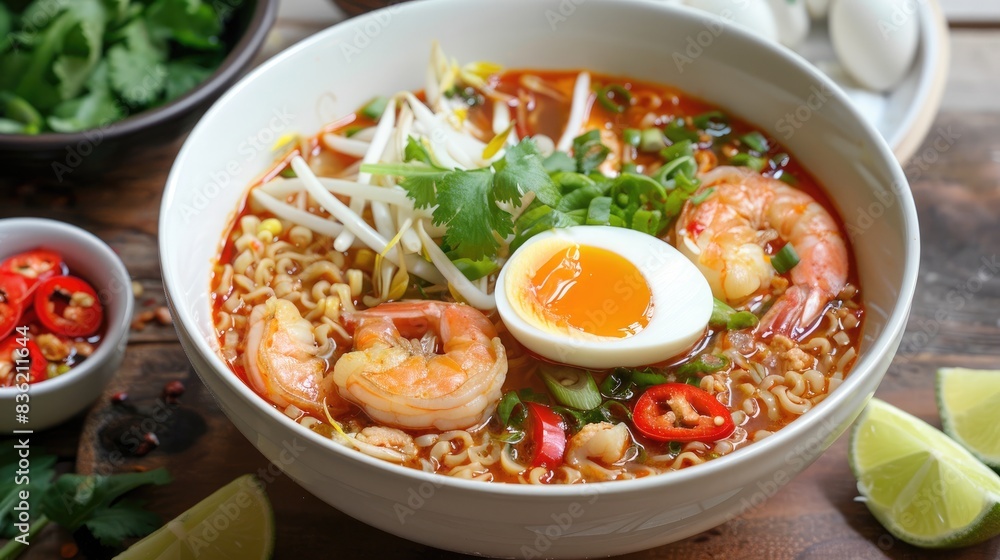 Shrimp tom yum style noodle soup with added egg Shrimp tom yum style noodle soup with added egg