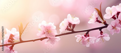Beautiful pink cherry blossoms blooming in spring against a natural garden backdrop with blue, yellow, and white bokeh, perfect for a copy space image.