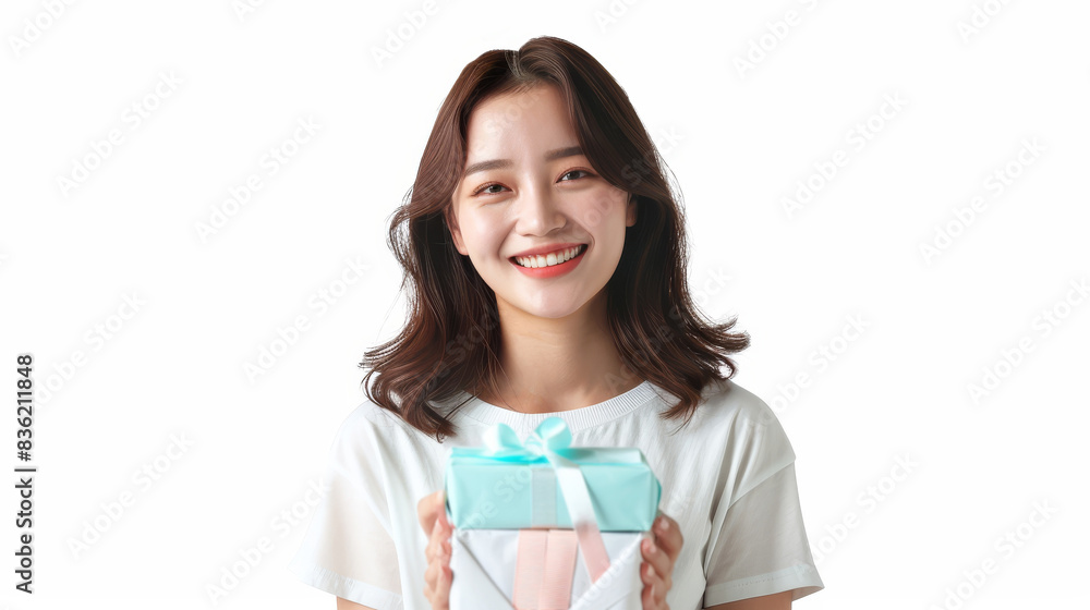 Portrait of attractive cheerful amazed woman holding in hands gift having fun Portrait of attractive cheerful amazed woman holding in hands gift having fun