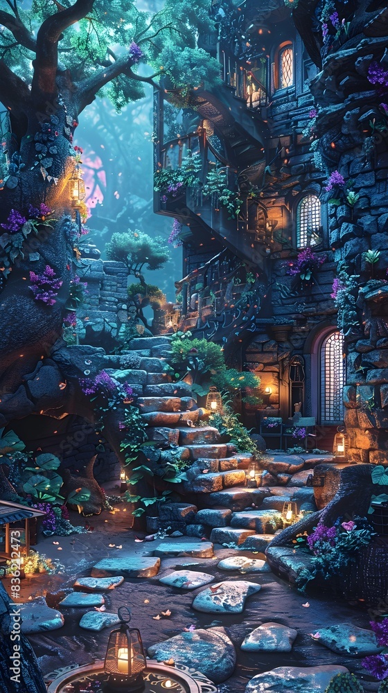 Fototapeta premium Enchanting Moonlit Staircase in Dreamlike Fairytale Forest Landscape