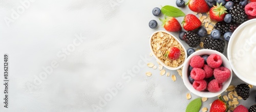 Top view of a homemade healthy brunch or breakfast bowl displayed on a granite table with copy space image.