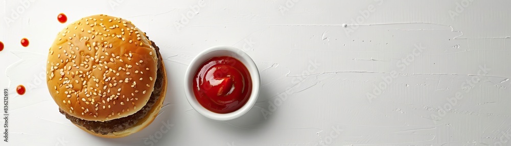A minimalist, high-key setup with a beef burger beside a small bowl of ketchup, set against a crisp, white background, broad empty space on the right for promotional text. A minimalist, high-key setup with a beef burger beside a small bowl of ketchup, set against a crisp, white background, broad empty space on the right for promotional text.