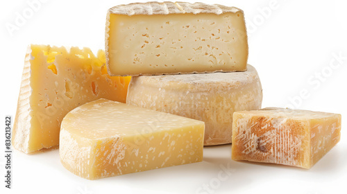 Variety of hard cheeses on white background. A delicious assortment of hard cheeses, perfect for charcuterie boards, recipes, or food photography projects.