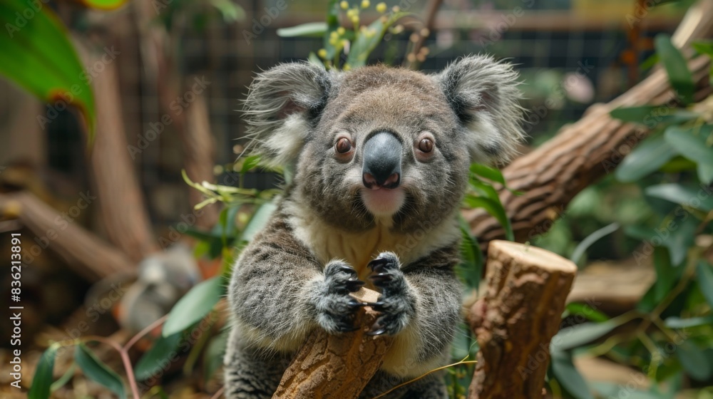 Fototapeta premium A cute koala climbs on a bamboo branch, with a focused, wide shot giving a cinematic feel.
