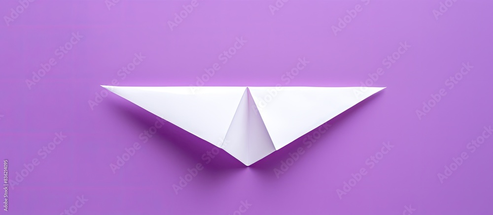 Paper origami of a purple plane against a plain white backdrop with ample space for additional imagery. Paper origami of a purple plane against a plain white backdrop with ample space for additional imagery.