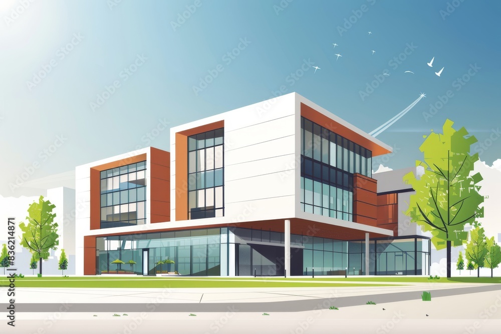 A Modern Office Building Stands Proudly Against a Sunny Sky A Modern Office Building Stands Proudly Against a Sunny Sky