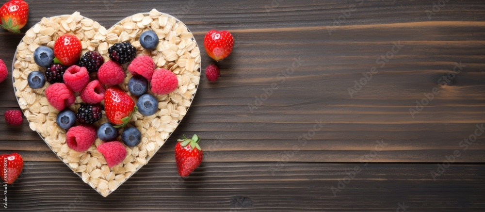 Heart-shaped granola topped with fresh berries is displayed in a copy space image. Heart-shaped granola topped with fresh berries is displayed in a copy space image.