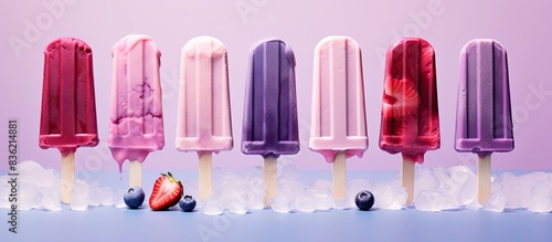 A group of homemade blueberry vanilla ice pops arranged on paper with a rustic wood background providing copy space image.