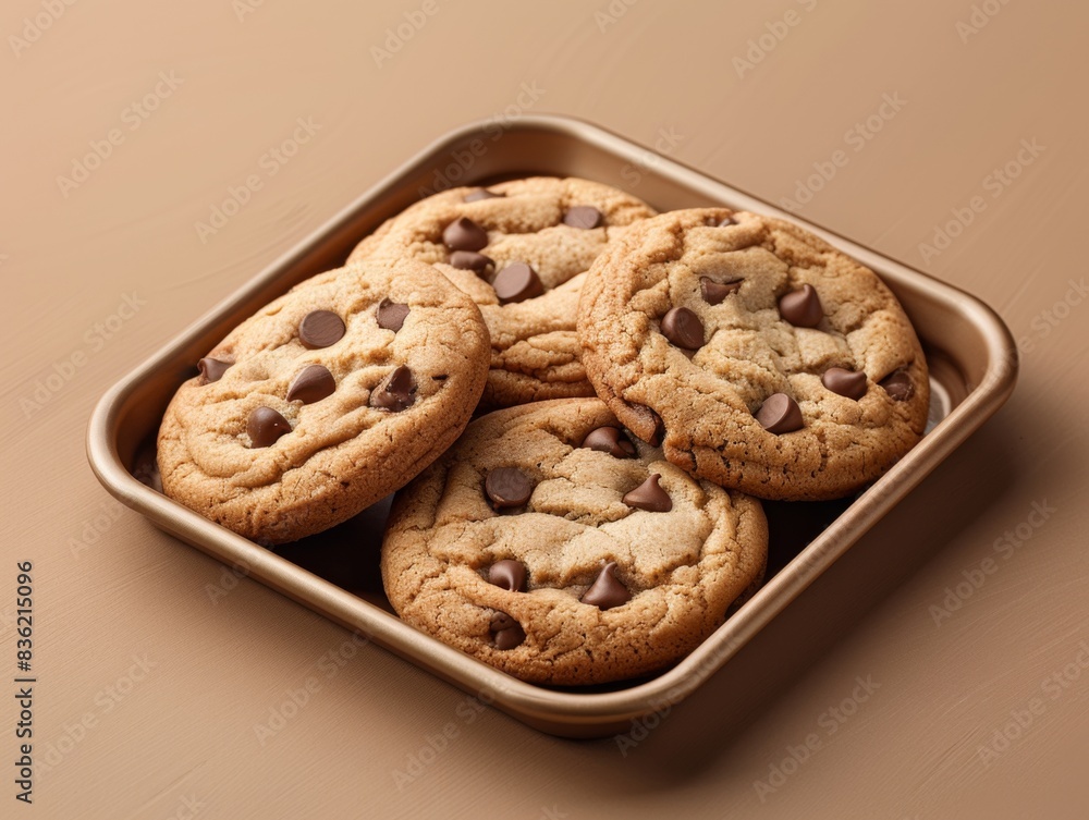 Freshly baked chocolate chip cookies on a metal tray placed on a brown surface. Freshly baked chocolate chip cookies on a metal tray placed on a brown surface.