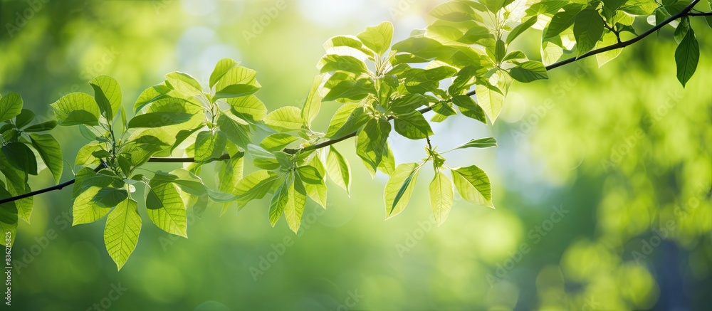 Sunny day in spring forest with tree branches and young leaves, featuring a blurred backdrop with copy space image. Sunny day in spring forest with tree branches and young leaves, featuring a blurred backdrop with copy space image.