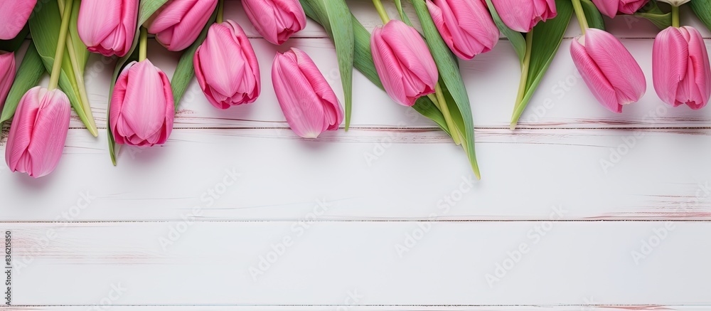 Pink tulips arranged on a pink backdrop for a spring-themed Happy Easter card with a flat lay and top view, ideal for a copy space image. Pink tulips arranged on a pink backdrop for a spring-themed Happy Easter card with a flat lay and top view, ideal for a copy space image.