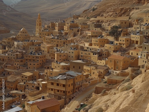 A view of the ancient Mar Saba monastery amidst a desert landscape dotted with stone structures and buildings. photo