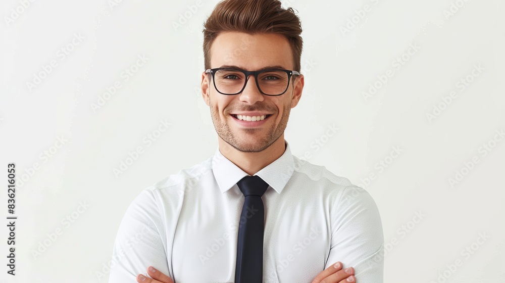 Confident businessman smiling with arms crossed. Portrait of a smiling businessman with glasses and arms crossed, showing confidence and professionalism. Confident businessman smiling with arms crossed. Portrait of a smiling businessman with glasses and arms crossed, showing confidence and professionalism.