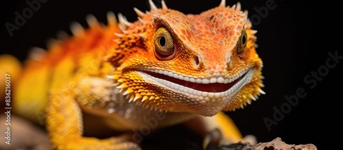 Experience a detailed view of the fascinating bearded dragon in a close-up copy space image.