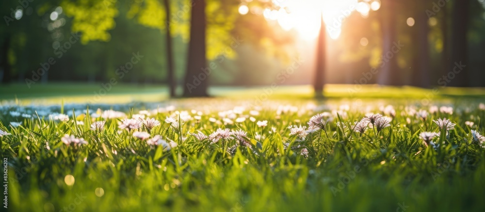 Fototapeta premium Nature background depicting a lush green forest in bloom during sunset with an empty space for adding images. Copy space image. Place for adding text and design