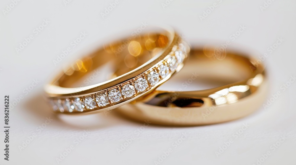 Elegant gold and diamond wedding rings. Close-up of two elegant gold wedding rings, one with sparkling diamonds, symbolizing love and commitment. Elegant gold and diamond wedding rings. Close-up of two elegant gold wedding rings, one with sparkling diamonds, symbolizing love and commitment.