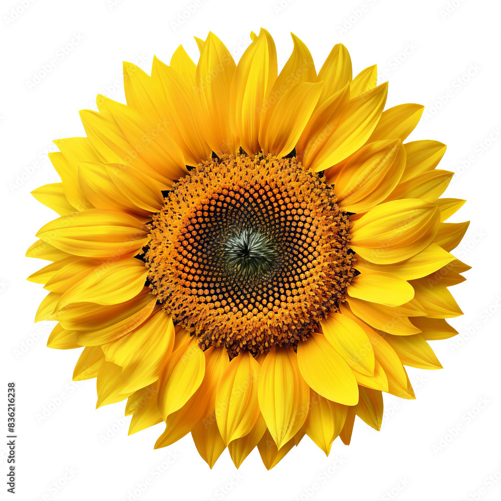 Naklejka premium A vibrant yellow sunflower in full bloom, with a dark brown center and delicate petals. Isolated on a black background.