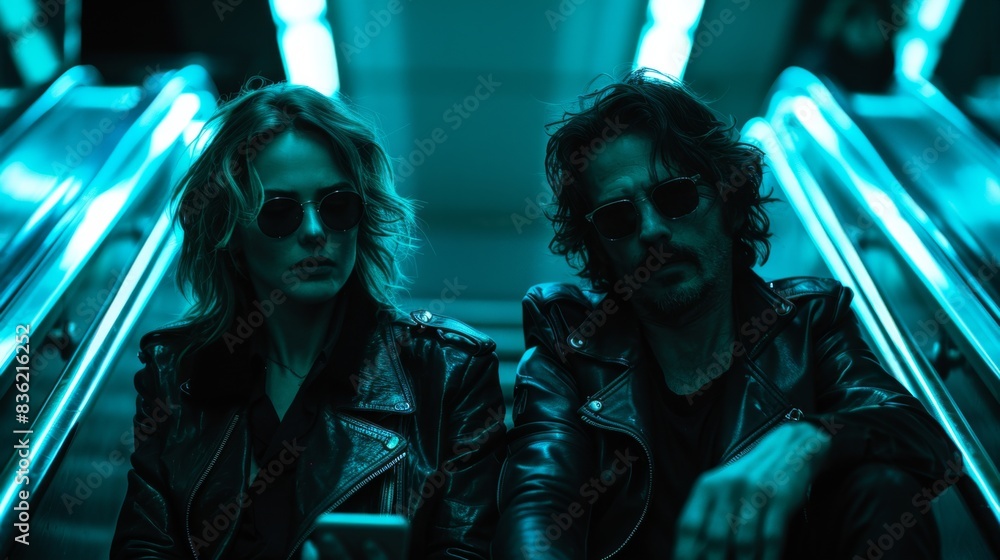Stylish man and woman in leather jackets and sunglasses riding an escalator, illuminated by blue neon light. Stylish man and woman in leather jackets and sunglasses riding an escalator, illuminated by blue neon light.