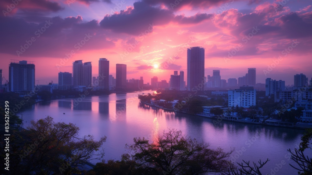 Aerial view of Miami Beach skyline at sunset with reflections on the water and a colorful sky. Aerial view of Miami Beach skyline at sunset with reflections on the water and a colorful sky.